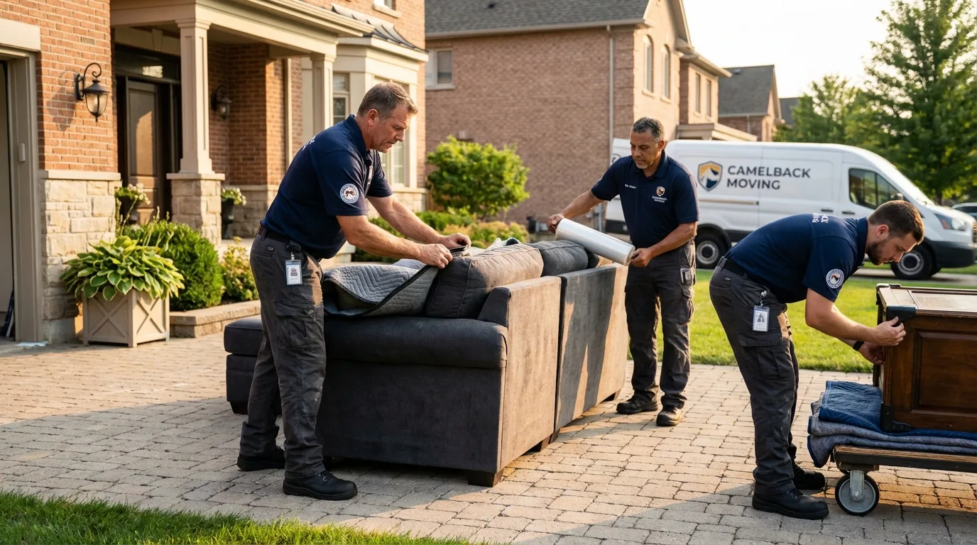 Large estate moving crew wrapping furniture in New Hyde Park, NY