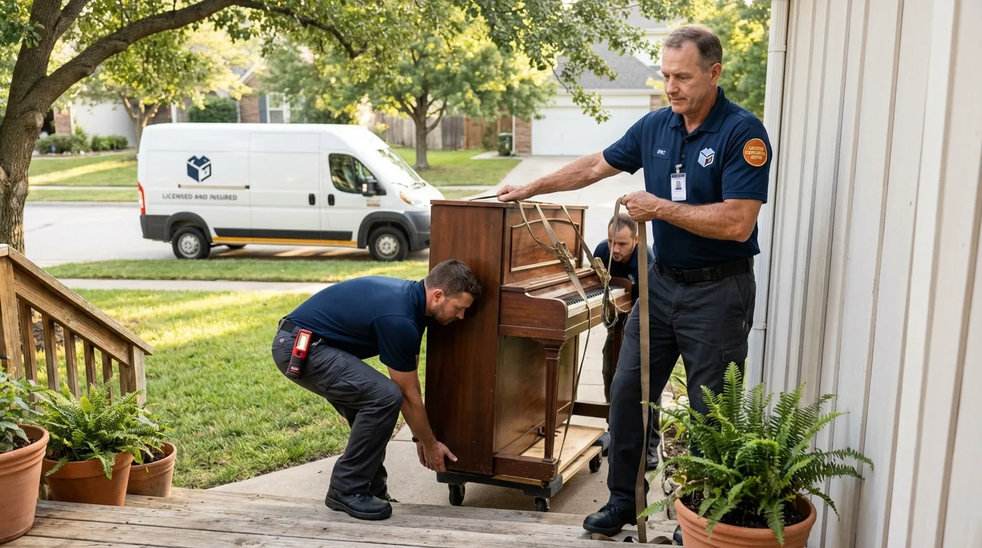 Licensed piano movers securing grand piano in New Hyde Park, NY