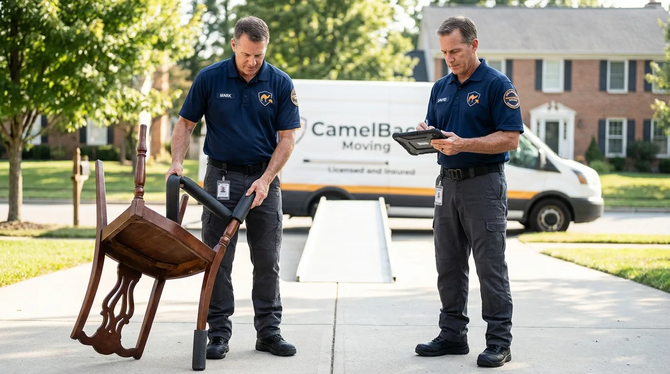Movers inspecting furniture for damage prevention before loading in New Hyde Park, NY