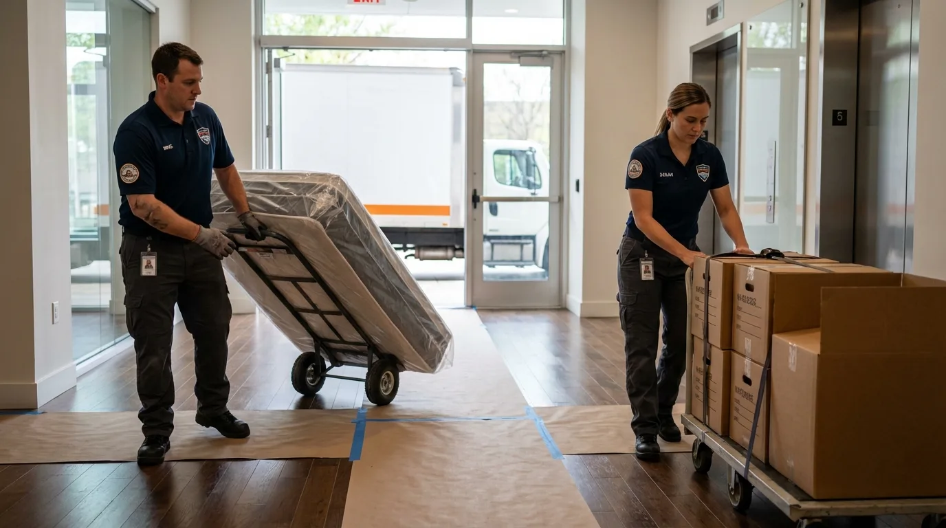 Professional apartment movers loading elevator in New Hyde Park, NY