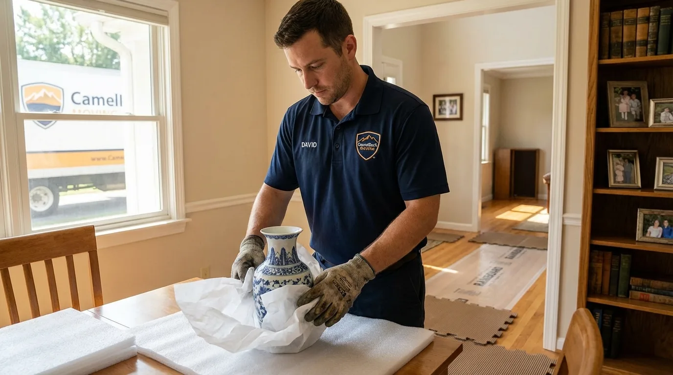 Professional crew carefully wrapping antique vase for senior downsizing move in New Hyde Park, NY
